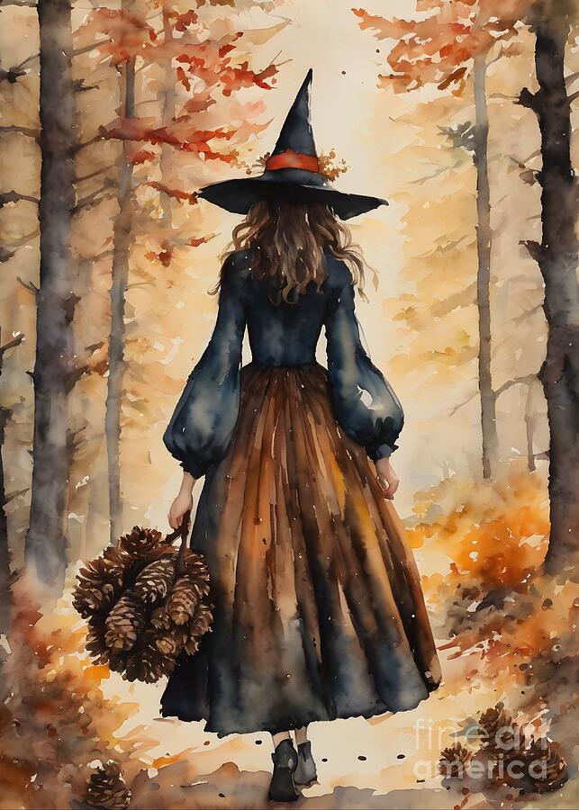 Fall Painting - The Autumn Witch out Gathering by Lyra OBrien