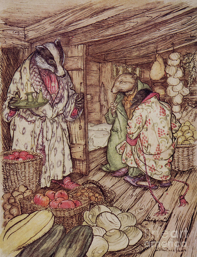 The Badgers winter stores Painting by Arthur Rackham