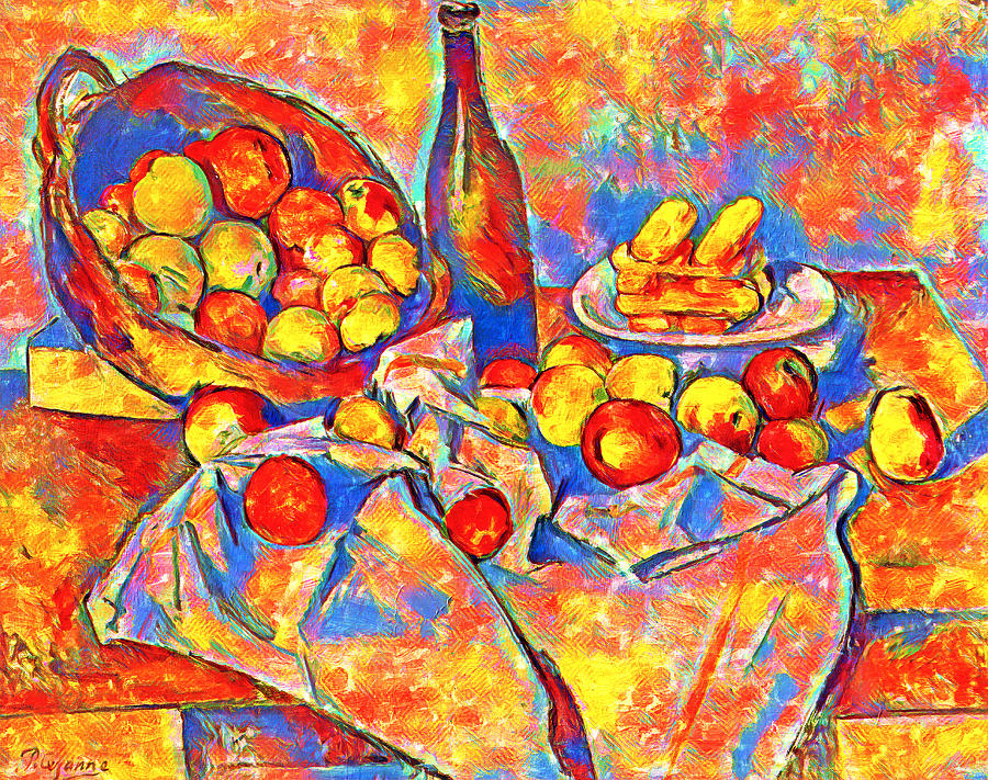 The Basket of Apples by Paul Cezanne - colorful recreation Digital Art by Nicko Prints