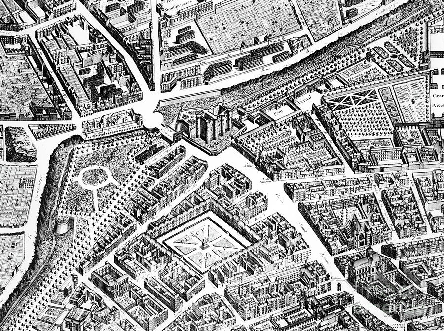 The Bastille, the Place Royale now Place des Vosges, Detail From The Turgot Map Of Paris Drawing by French School
