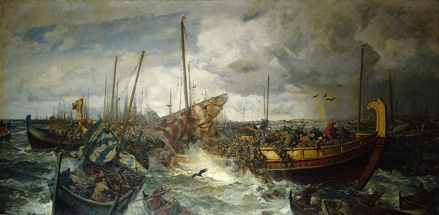 The battle at Svolder, 1883-84 Painting by O Vaering by Otto Sinding