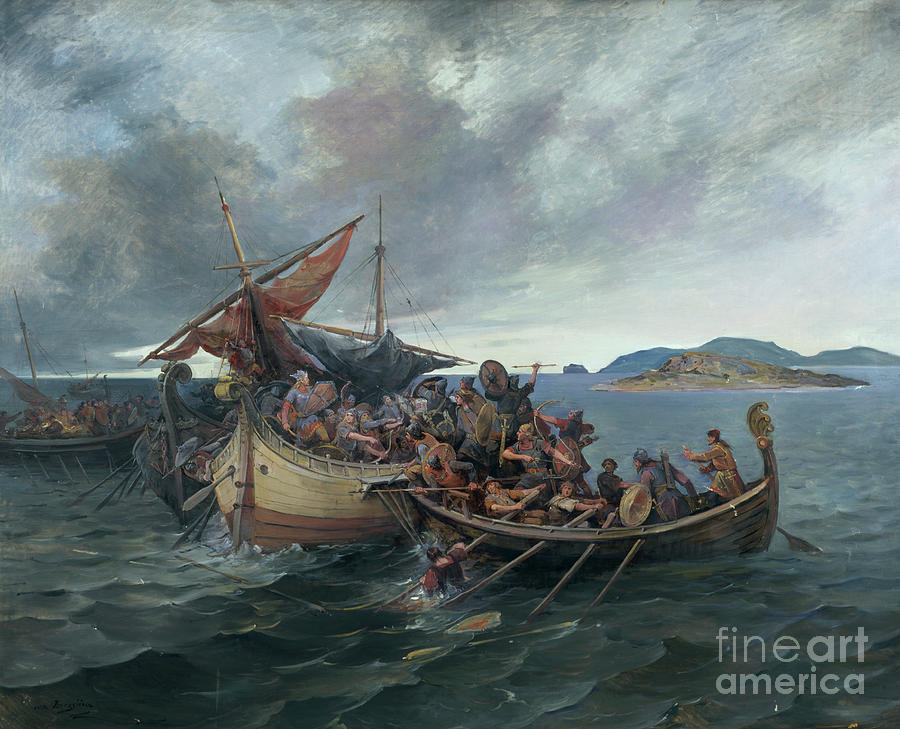 The battle at Svolder Painting by O Vaering by Nils Bergslien