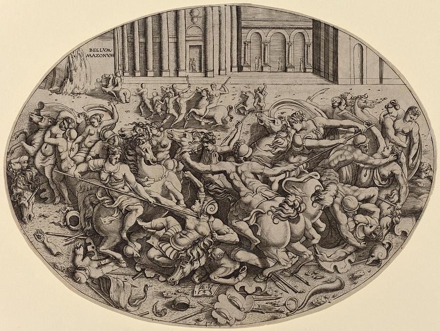 The Battle of the Amazons Drawing by Enea Vico