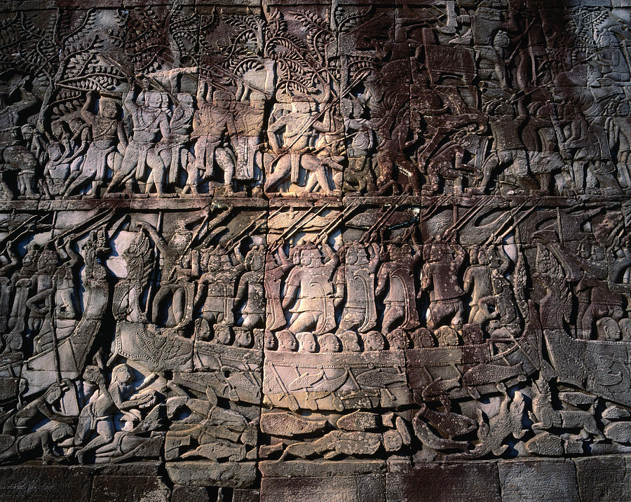 The Bayon bas-relief depicts a battle on the Tonle Sap lake, Angkor Thom Photograph by Anders Blomqvist