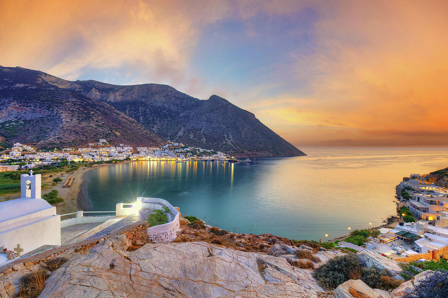The beach and port Kamares of Sifnos from Agia Marina church at  Photograph by Constantinos Iliopoulos