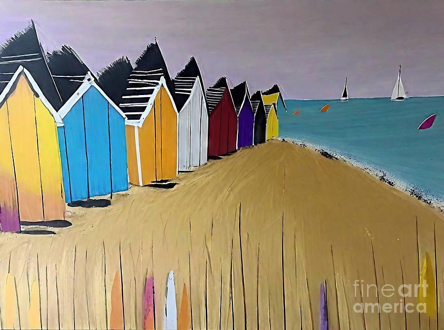 Summer Painting - the beach cabins 4 Painting boat sail beach sailing summer Art collectors interior design holidays emerging artist Artwork investment french artist artistic background beach blue boat bright by N Akkash