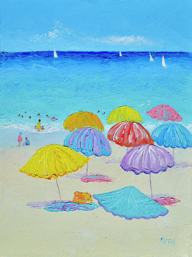 The Beach Umbrellas and Sail Boats Painting by Jan Matson