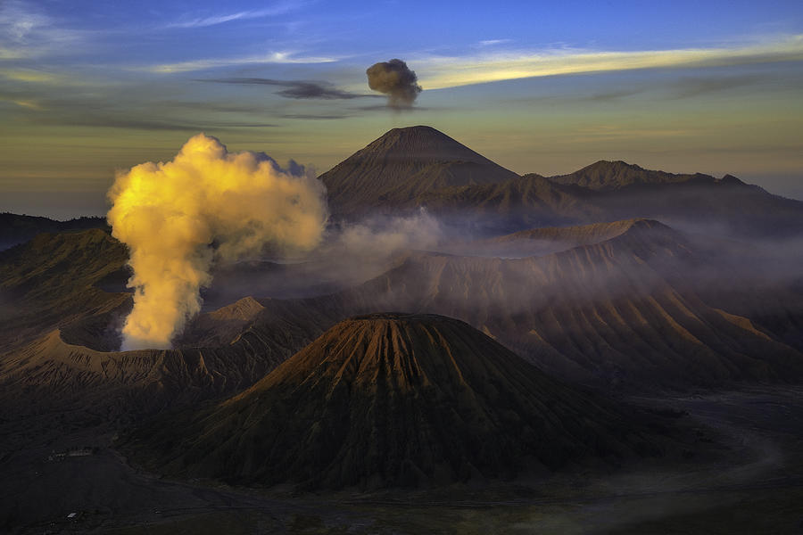 The beautiful volcanic landscape scene at the Bromo-Tengger-Semeru National Park during sunrise, East Java, Indonesia. Photograph by Copyright by Siripong Kaewla-iad