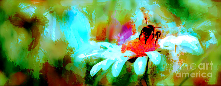 Bumble Bee on a Camomile Flower - painterly Digital Art by Chris Bee