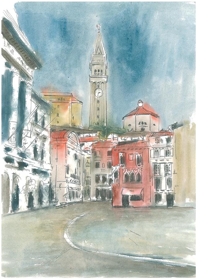 Watercolor Painting - The bell tower of St Georges Church Piran by Marko Jezernik