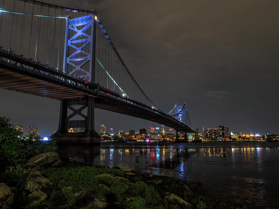The Ben Franklin Bridge Lights at Night Photograph by Kristia Adams
