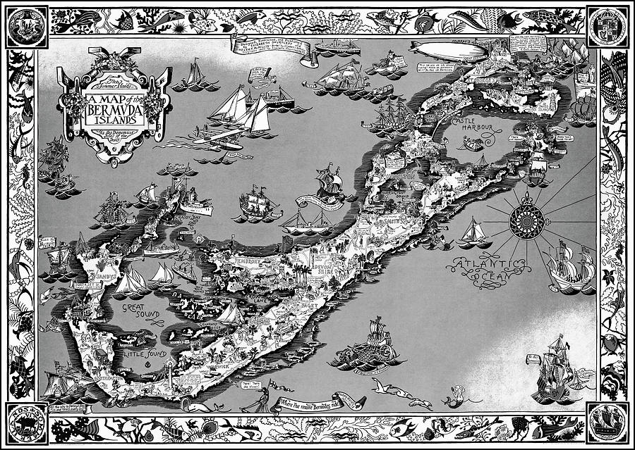 The Bermuda Islands Vintage Pictorial Map 1930 Black and White Photograph by Carol Japp