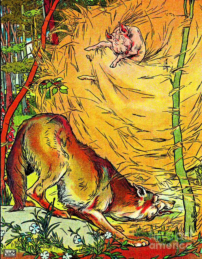 The Big Bad Wolf and the Little Pig in the Straw House 1904 Painting by Peter Ogden