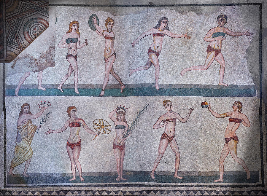 The Bikini Girls Roman mosaic - Villa Romana del Casale Sicily #4 Photograph by Paul E Williams