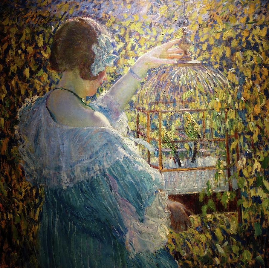 Parakeet Painting - The Bird Cage by Frederick Carl Friseke