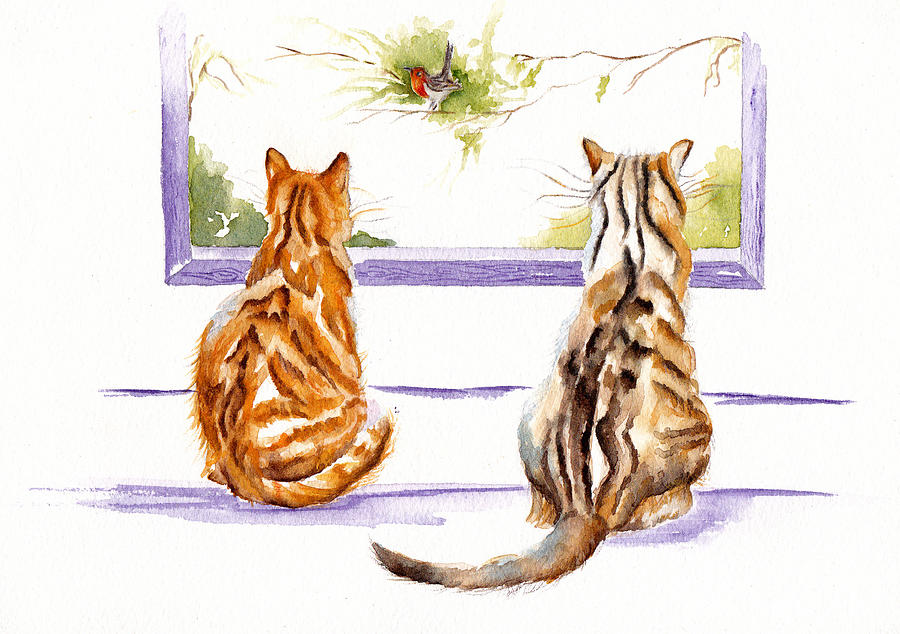 Two Cats - The Bird Watchers Painting by Debra Hall