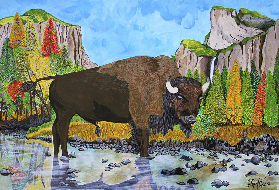 The bison in Yosemite National Park and Capitan Mountain Painting by Jleopold Jleopold