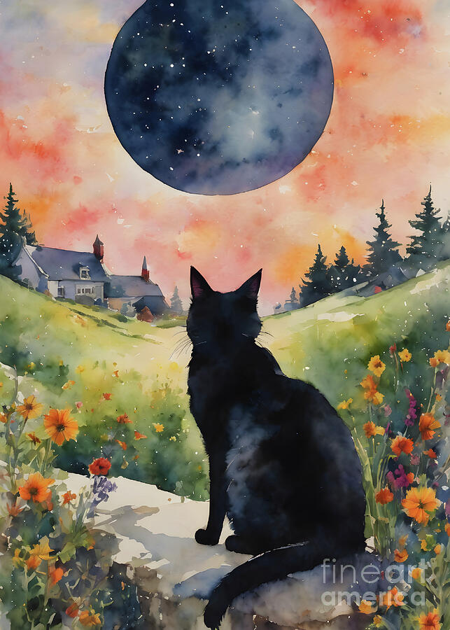 Fall Painting - The Black Cat on a Summers Eve by Lyra OBrien