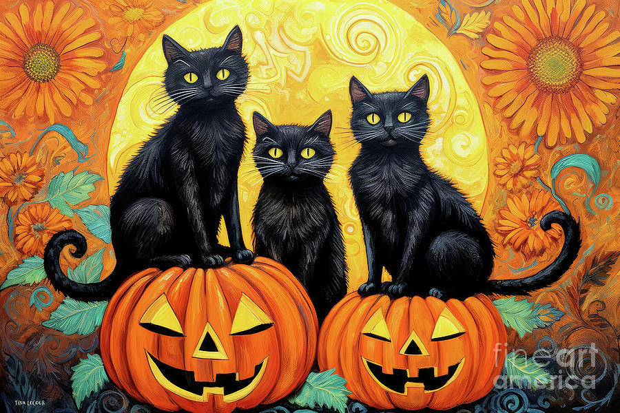 Halloween Painting - The Black Cat Trio by Tina LeCour