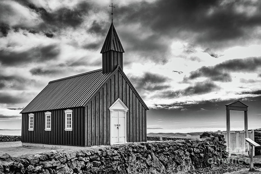 The black church of Budir, Iceland BW Photograph by Lyl Dil Creations