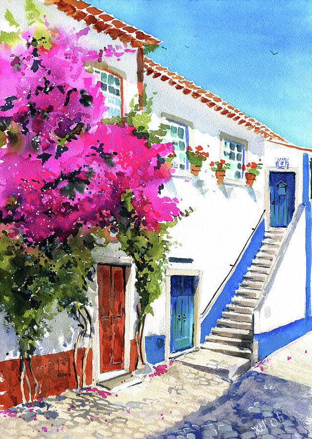 The Blue Doors In Obidos Portugal Painting by Dora Hathazi Mendes