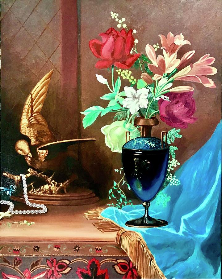 Rose Painting - The Blue flower vase by Rosencruz  Sumera