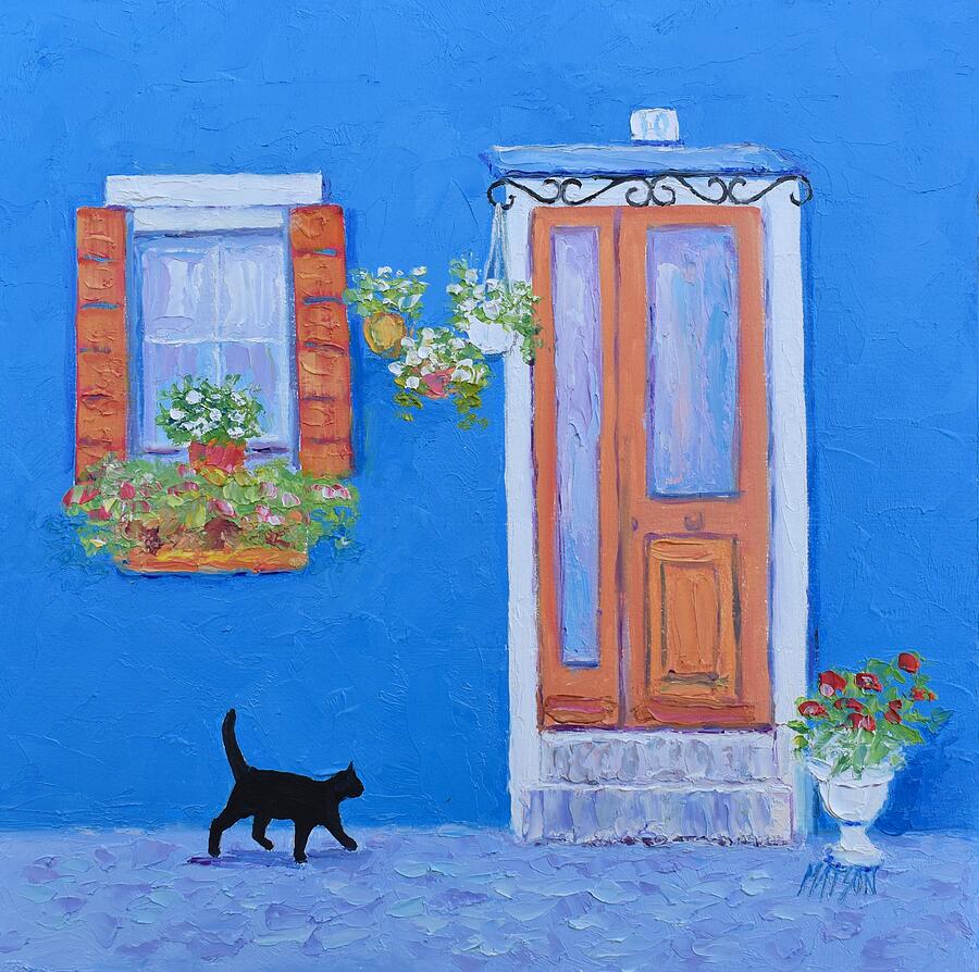 The blue house and black cat Painting by Jan Matson The blue house and black cat Painting by Jan Matson