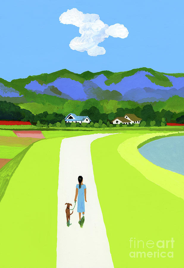 The Blue Mountains and the Woman Walking with the Dog Painting by Hiroyuki Izutsu