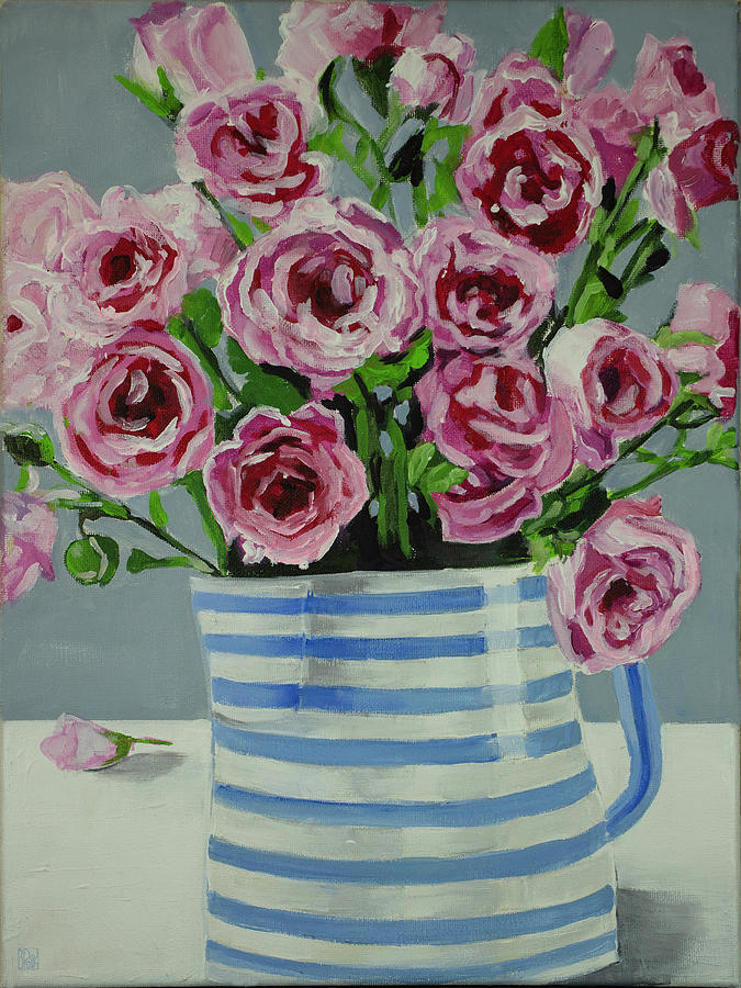 The blue striped vase Painting by Debbie Brown