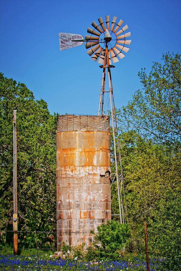 The Bluebonnets and The Windmill Photograph by Linda Unger
