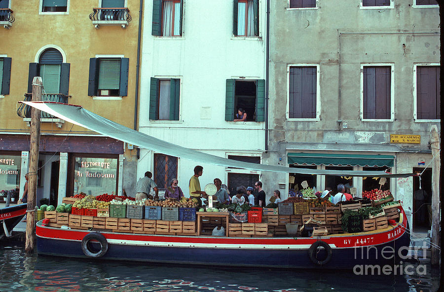 The Boat Market, Farm Fresh Food, Venice, Italy. Photograph by Tom Wurl