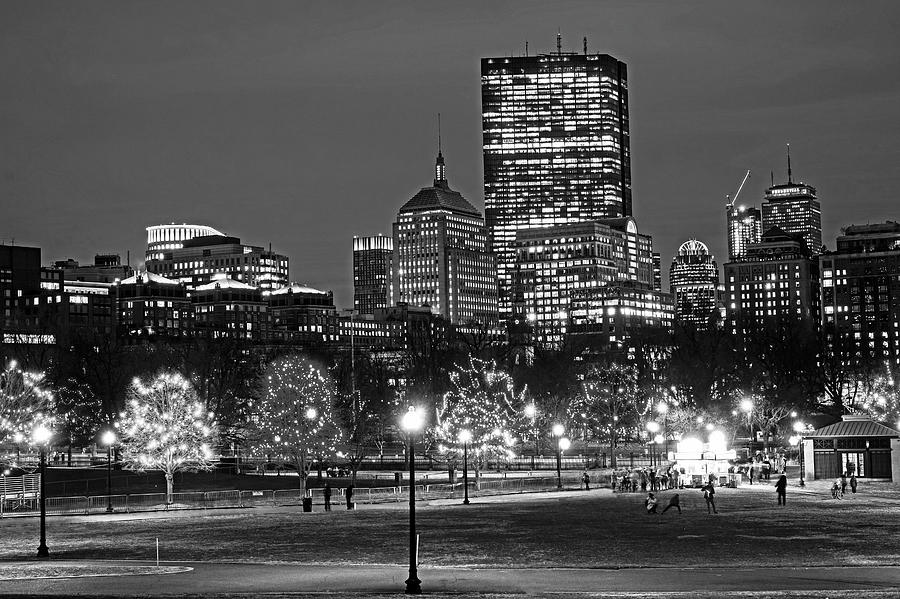 The Boston Common Lit up for Christmas New Years Eve Black and White Photograph by Toby McGuire