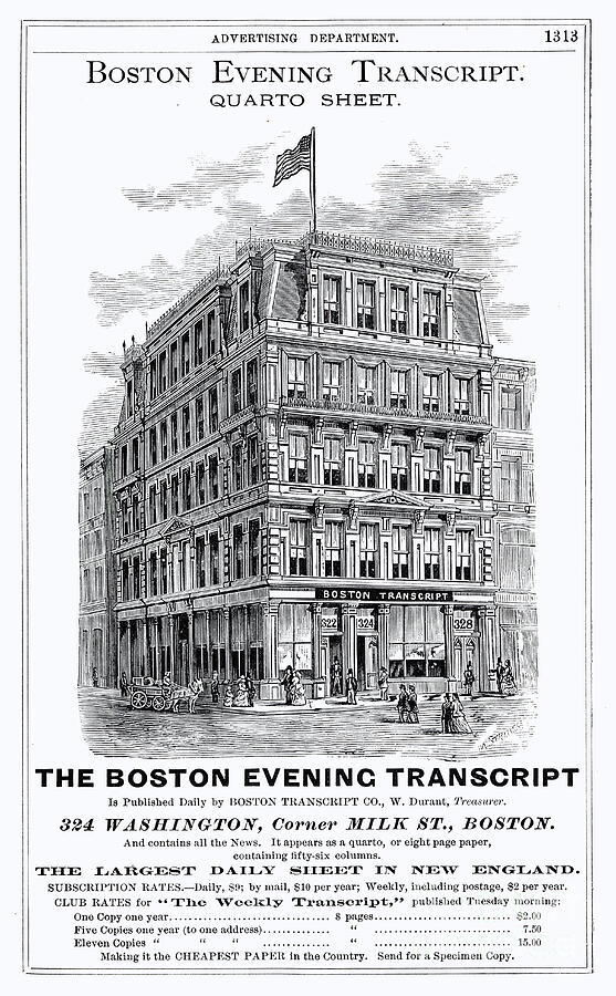 Art Print Ad Boston Evening Transcript 1881 Mixed Media by Gary Roberts Art Print Ad Boston Evening Transcript 1881 Mixed Media by Gary Roberts
