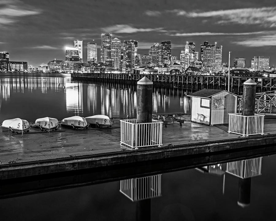 The Boston Skyline lit up for Christmas Boats Black and White Photograph by Toby McGuire