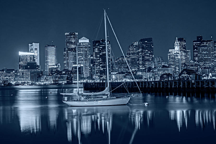 The Boston Skyline Lit up for Christmas East Boston MA Black and White Monochrome Blue Nights Photograph by Toby McGuire