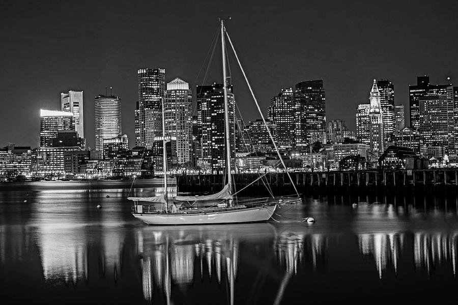 The Boston Skyline Lit up for Christmas East Boston MA Black and White Photograph by Toby McGuire