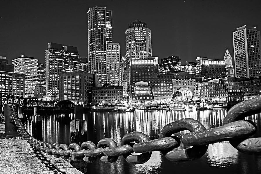 The Boston Skyline Reflected in Fort Point Channel at Night Boston Massachusetts Black and White Photograph by Toby McGuire