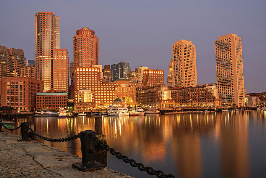 The Boston Skyline Reflected in Fort Point Channel Golden Sunrise Photograph by Toby McGuire