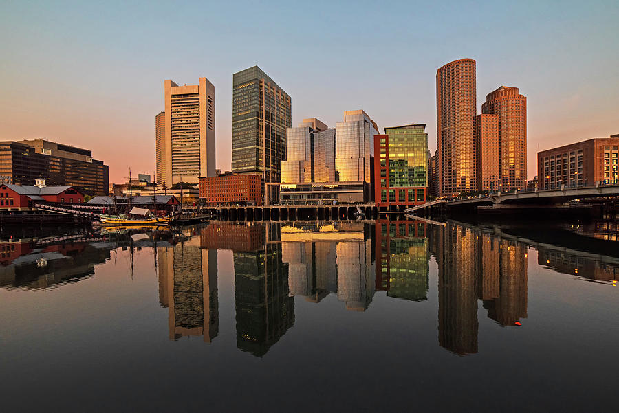 The Boston Skyline reflecting in Fort Point Channel Morning Golden Glow Photograph by Toby McGuire