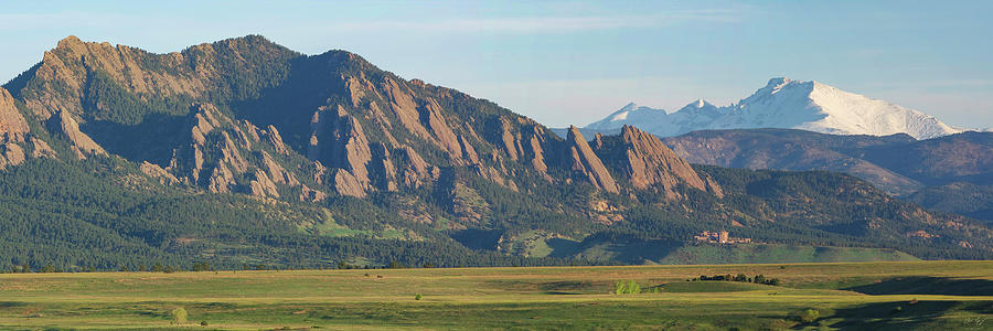 The Boulder Flatirons with Longs Peak Panorama Photograph by Aaron Spong
