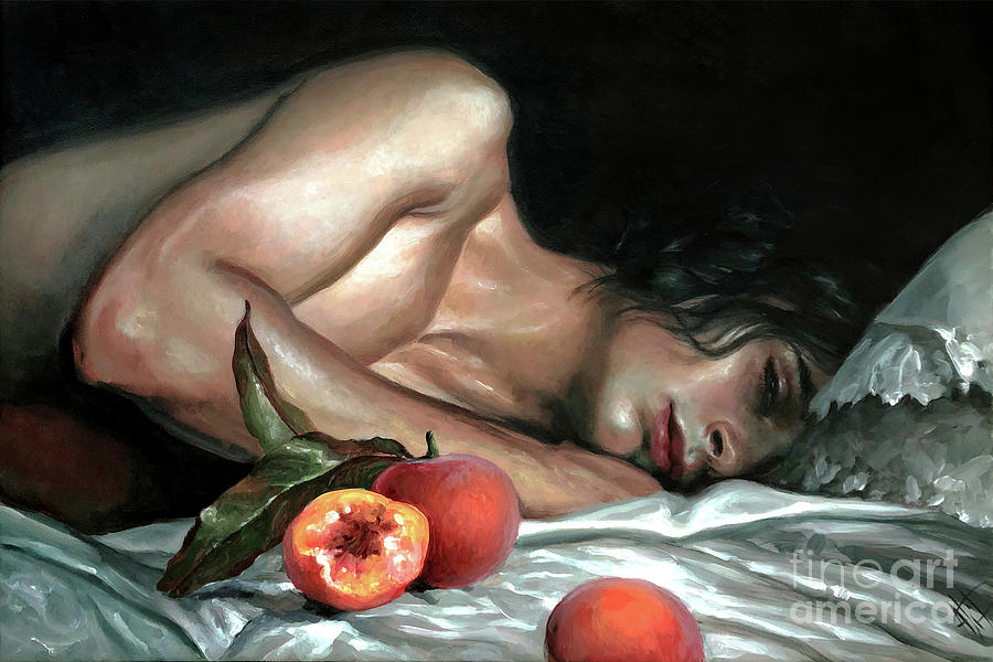 Peach Painting - The boy with peaches by Ali Franco
