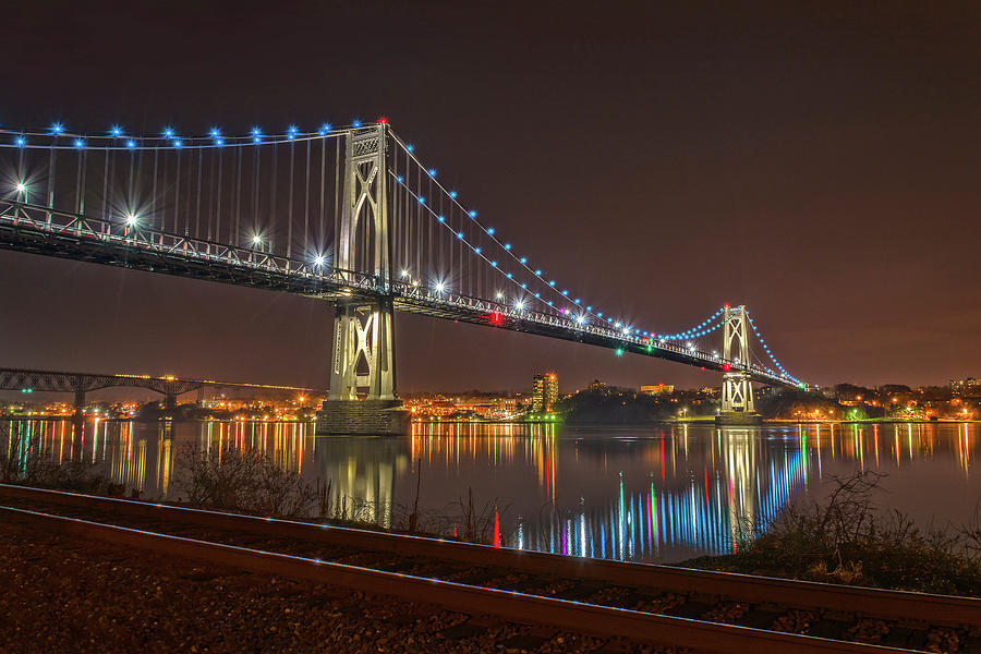 Holiday Photograph - The Bridge With Blue Holiday Lights by Angelo Marcialis