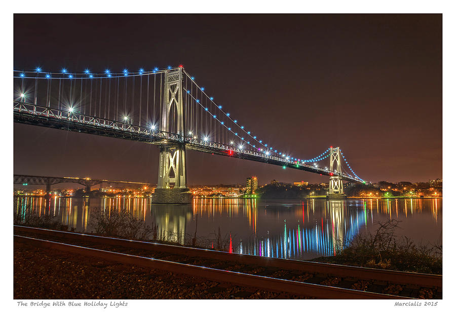 Holiday Photograph - The Bridge With Blue Holiday Lights The Signature Series by Angelo Marcialis