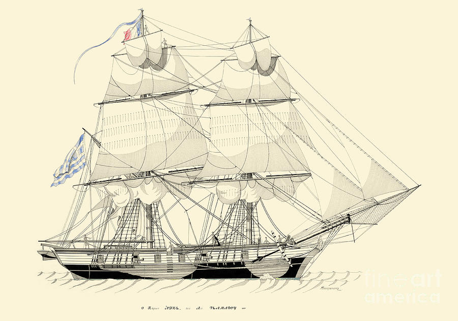 The brig Aris - 1818 Drawing by Panagiotis Mastrantonis