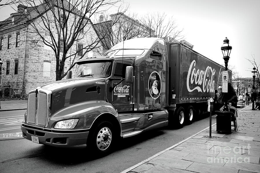 Christmas Photograph - The bright red Coca-Cola truck black and white by Paul Ward