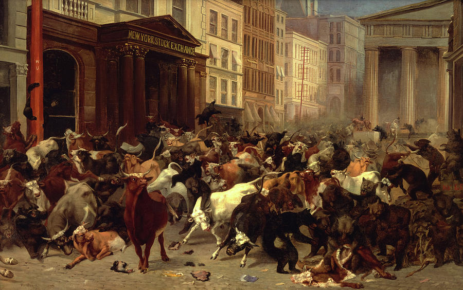 Bull Painting - The Bulls and Bears in the Market, Wall Street, 1879 by William Holbrook Beard
