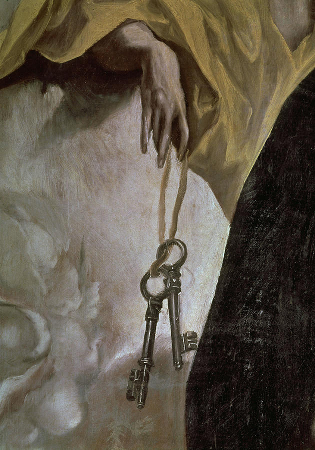 The Burial of the Count of Orgaz -detail-, 1587, Oil on canvas. EL GRECO. APOSTLE PETER. Painting by El Greco -1541-1614- The Burial of the Count of Orgaz -detail-, 1587, Oil on canvas. EL GRECO. APOSTLE PETER. Painting by El Greco -1541-1614-