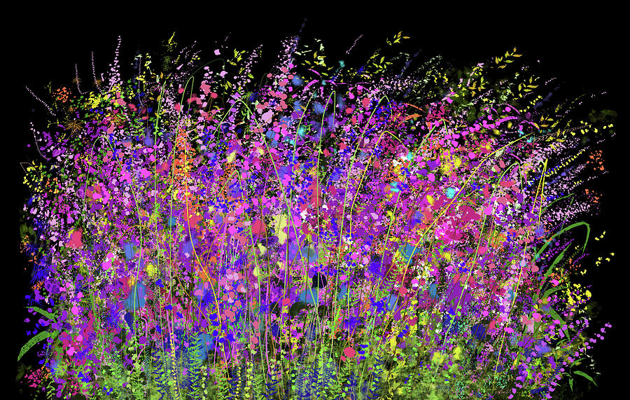 The Buzzing World of Crimson Grassland Graphic Design of Wild Meadow Flowers Field  Black Backgraund Digital Art by Lena Owens - OLena Art Vibrant Palette Knife and Graphic Design