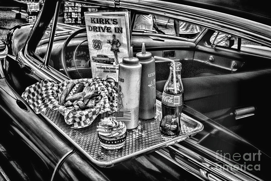 The Carhop Food on a Tray black and white Photograph by Paul Ward