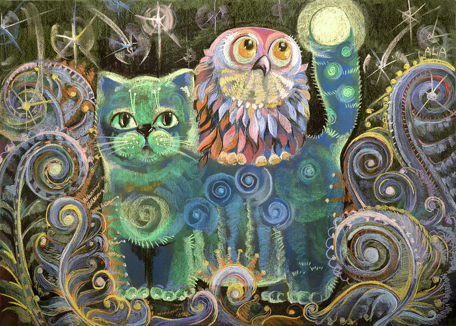 The Cat and The Owl. Bayun the Cat. Pastel by Lala Lotos - Fine Art America